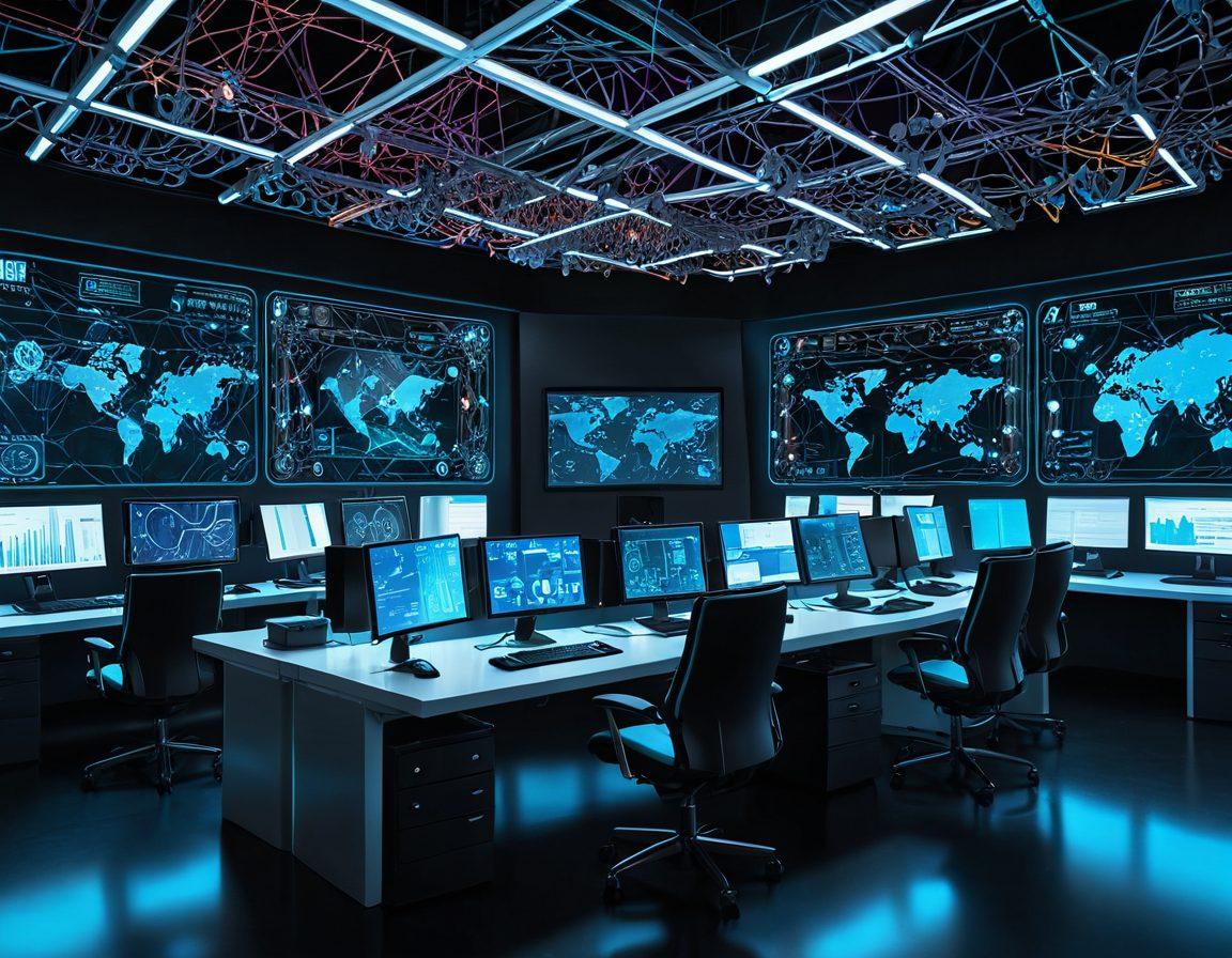 A sleek, futuristic control room featuring digital panels showcasing domain registration symbols, cybersecurity shields, lock icons, and analytics graphs. The room is surrounded by a web of interconnected glowing cables, emphasizing a robust and secure online infrastructure. super-realistic. vibrant colors.