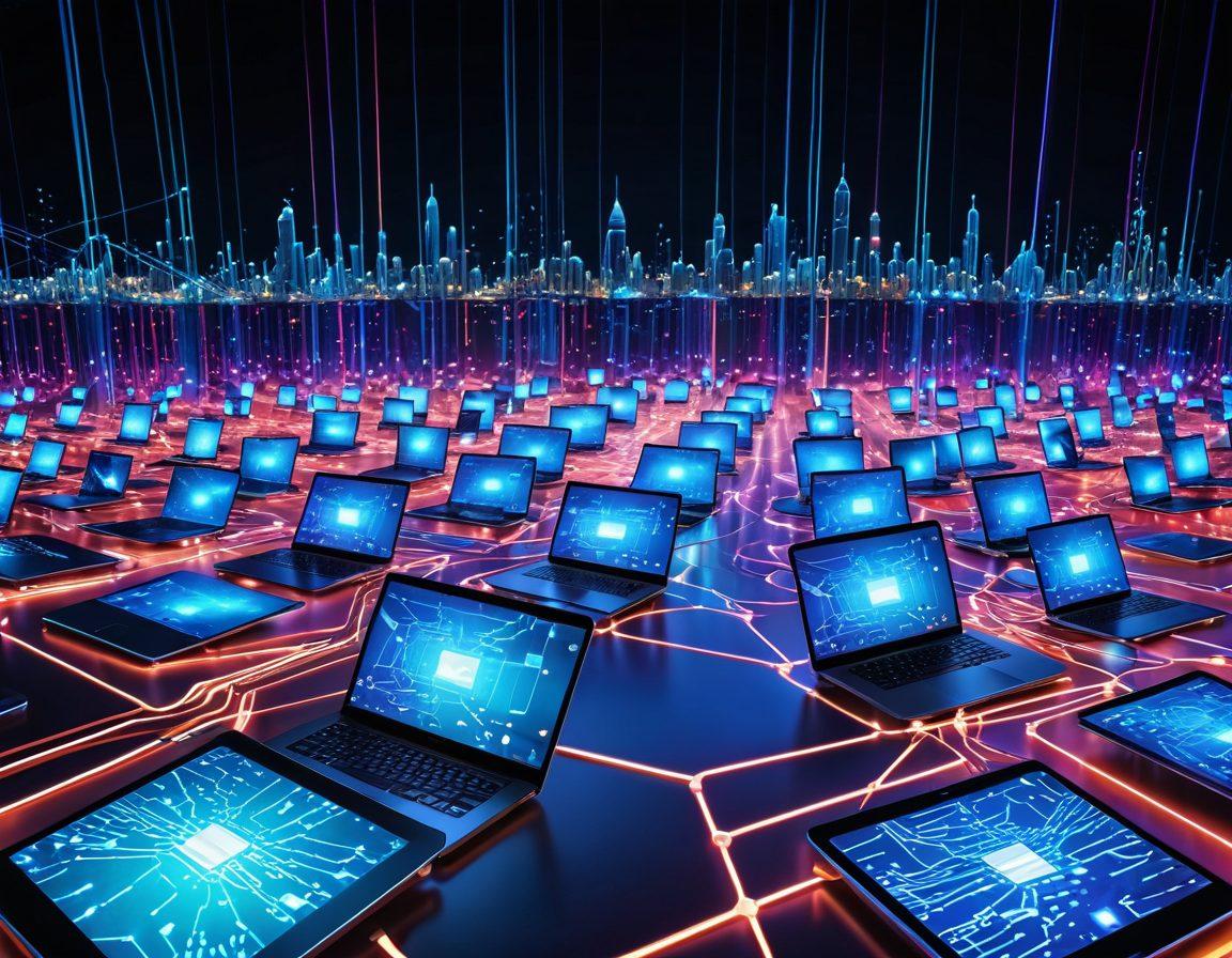 A dynamic digital landscape featuring interconnected network nodes glowing with vibrant colors, symbolizing the seamless integration of web services. In the center, a powerful server emits rays of connectivity spreading across various devices like laptops, smartphones, and tablets representing comprehensive solutions. The background showcases abstract, futuristic data streams and binary code to emphasize the online presence aspect. super-realistic. vibrant colors.