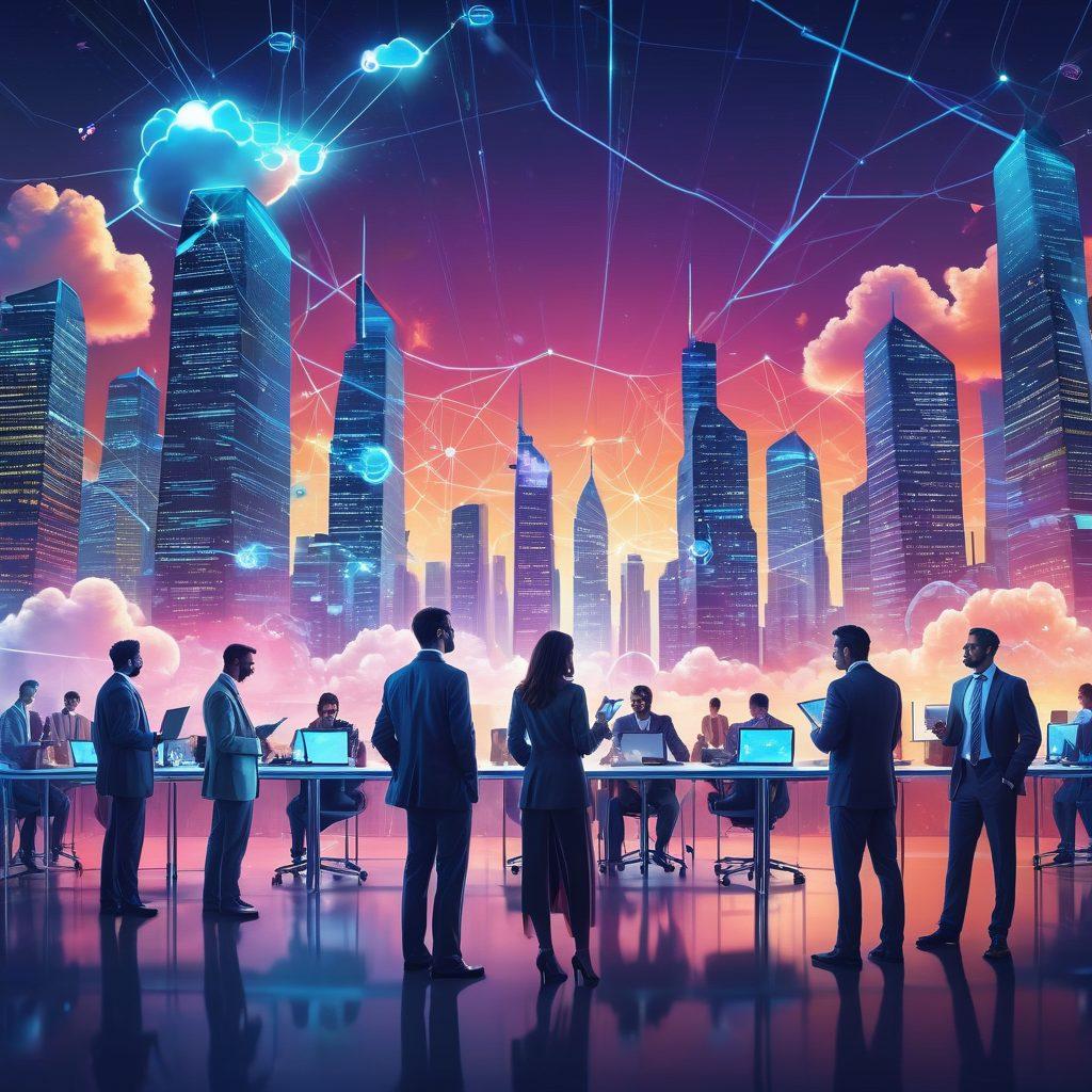 A dynamic scene of various business professionals interacting with a colorful, interconnected web of digital solutions, including cloud computing, cybersecurity, SEO, and e-commerce, all depicted as vibrant, glowing elements. In the background, a futuristic cityscape symbolizes the digital future. vector art. vibrant colors.